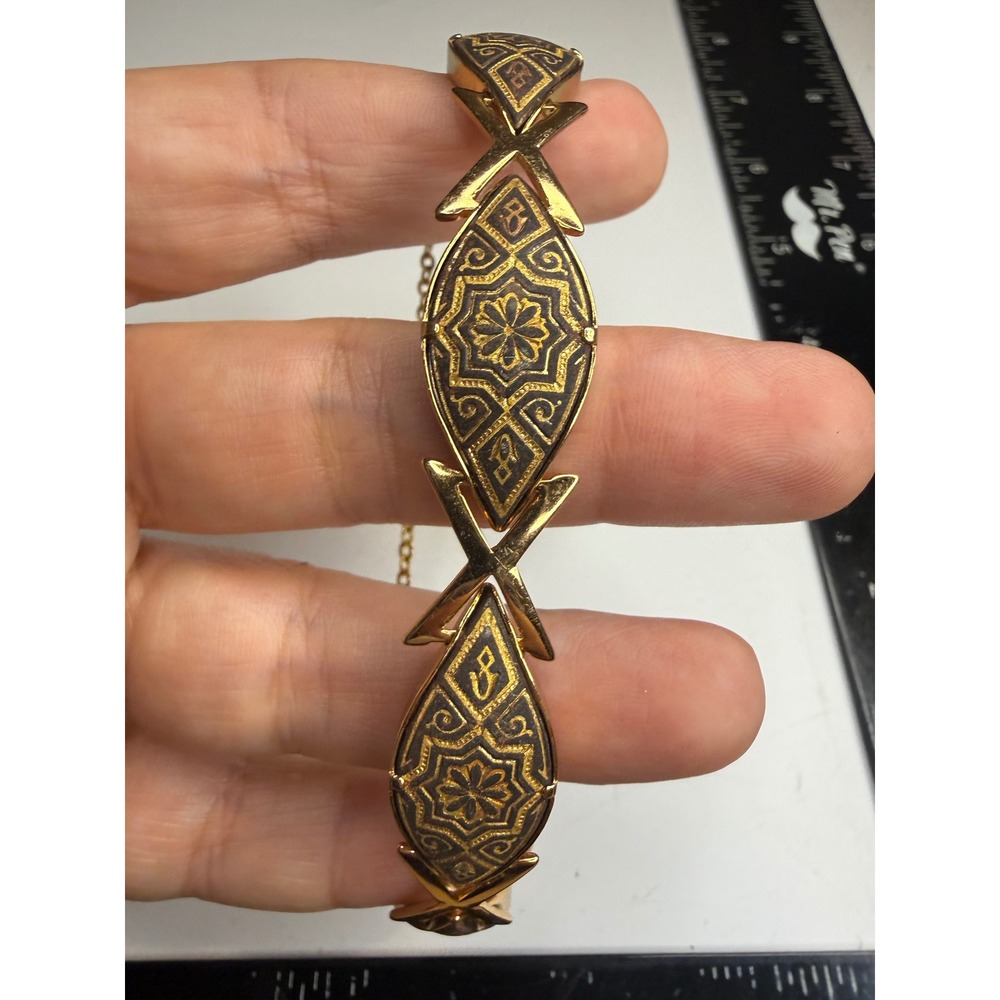 Spanish Damascene 24K Gold Inlay Link Bracelet Toledo Spain Floral Geometric 7in